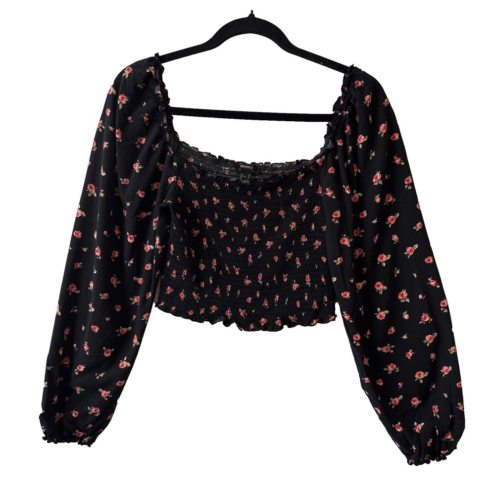 Forever 21 Ditsy Floral Smocked Balloon Long Sleeve Cropped Top M Romantic‎ Boho